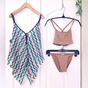 Womens Swimwear Set Pink Solid Bikini & Striped Knit Tank Button Tunic Cover Up